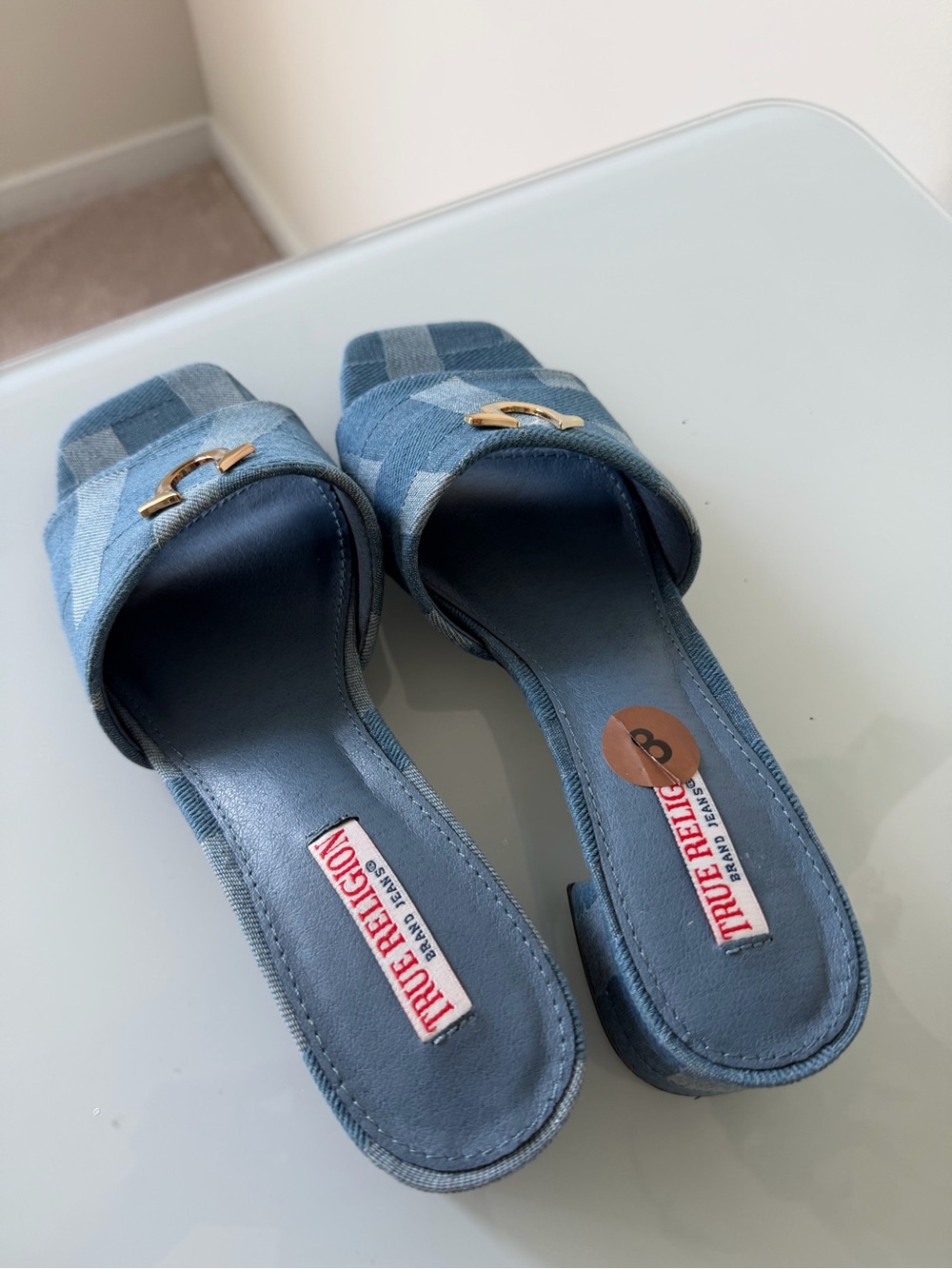 True Religion denim Patchwork open toe slip on block Heels - Picture 4 of 5